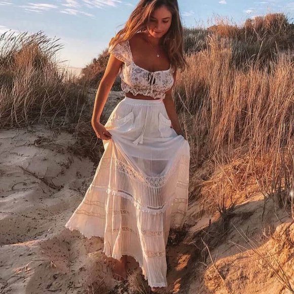 New Bohemian White Lace Tassel Tie Maxi Skirt - Picture 4 of 6